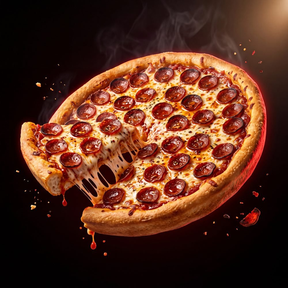 Pepperoni-Pizza mit doppelt Pepperoni und Käsefaden